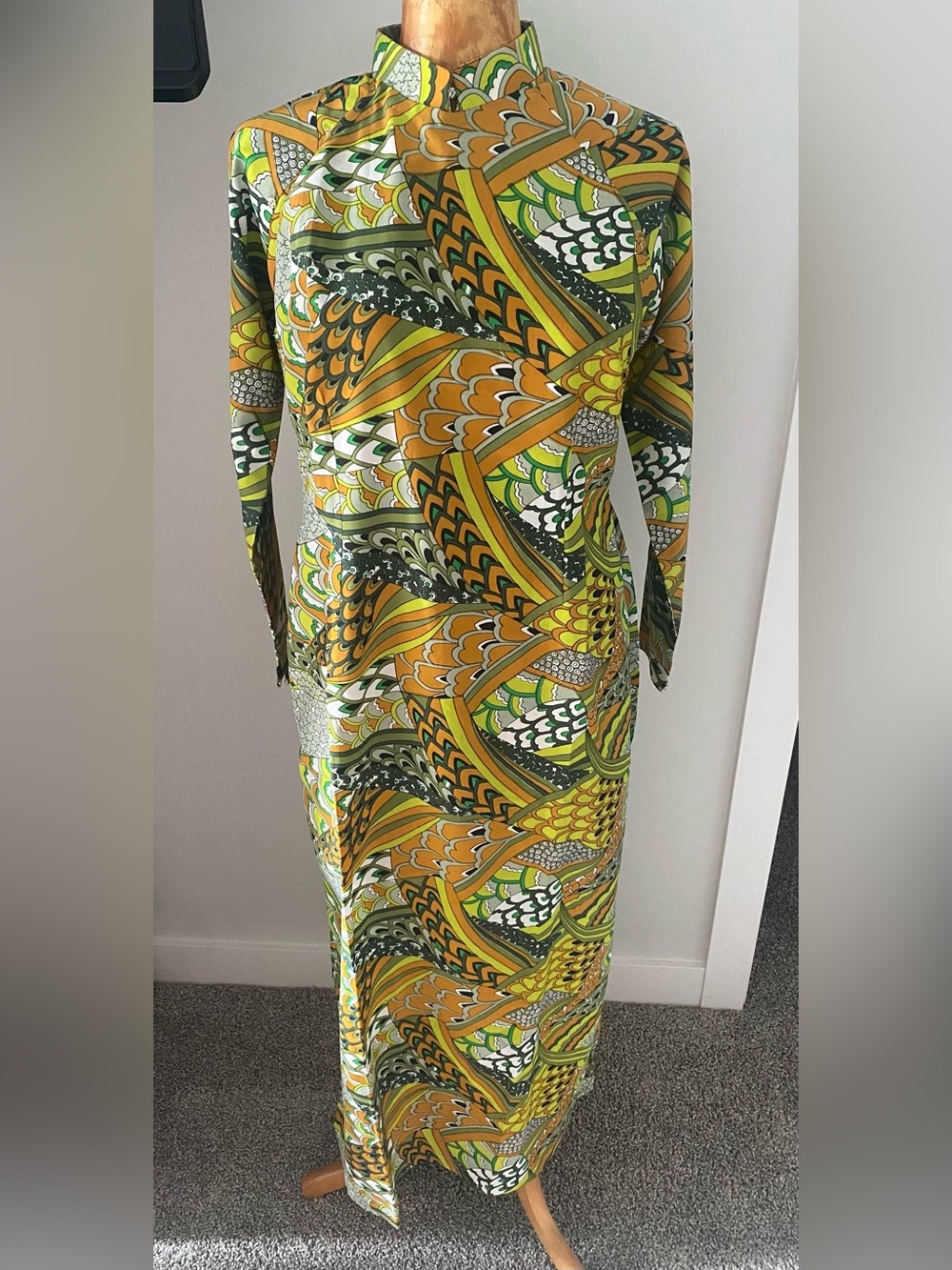 Vintage 1970s snap wrap Long Sleeve Maxi Dress in psychedelic Abstract Print